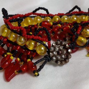 Woven Bracelet w/Vintage Yellow Glass Beads, Vintage Lampwork on Fringe